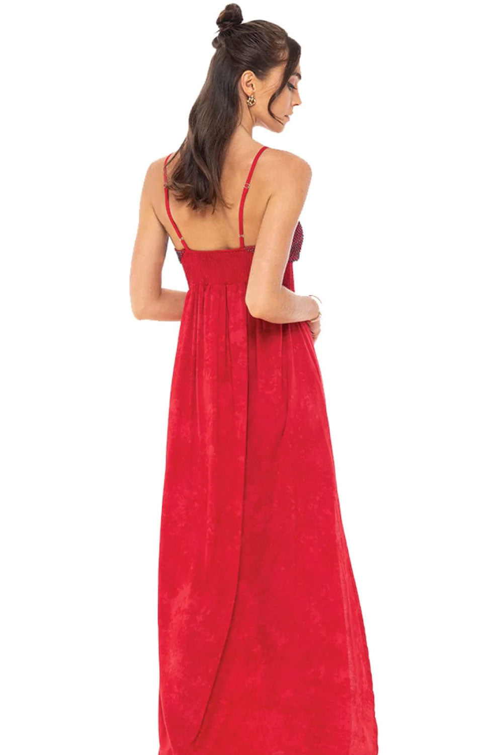 Image of the back of Khush Clothing's Lumiere Maxi Dress, in Murky Red, on a model.