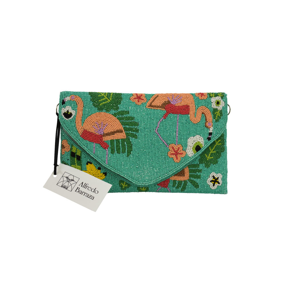 Image of the front of Alfredo Barraza's Beaded Flamingo Clutch.
