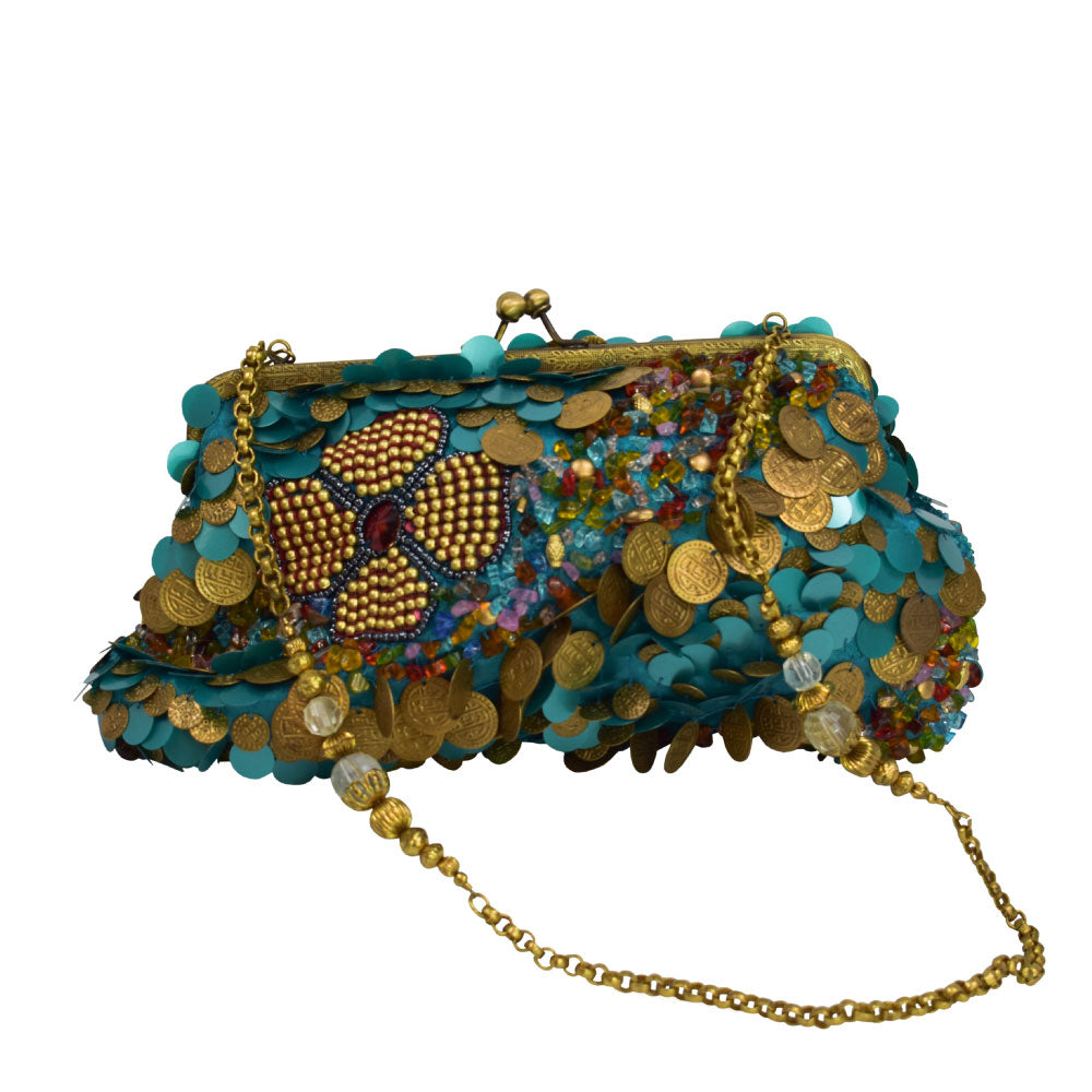 Image of the front of Alfredo Barraza's Clutch with Decorative Coins in Blue.