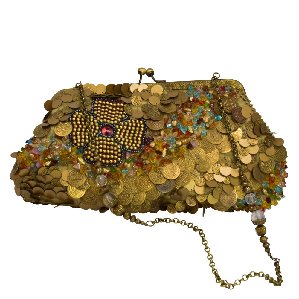 Image of the front of Alfredo Barraza's Clutch with Decorative Coins in Gold.