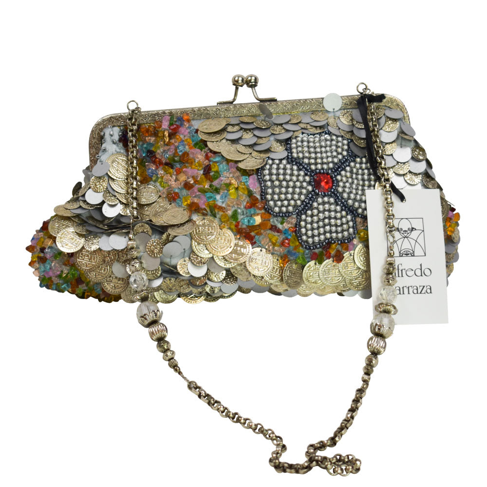 Image of the front of Alfredo Barraza's Clutch with Decorative Coins in Silver.