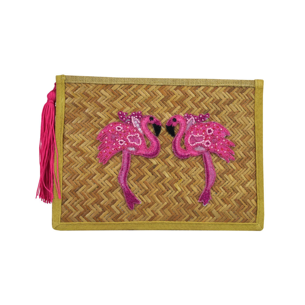 Image of Pink Flamingo Straw Clutch.