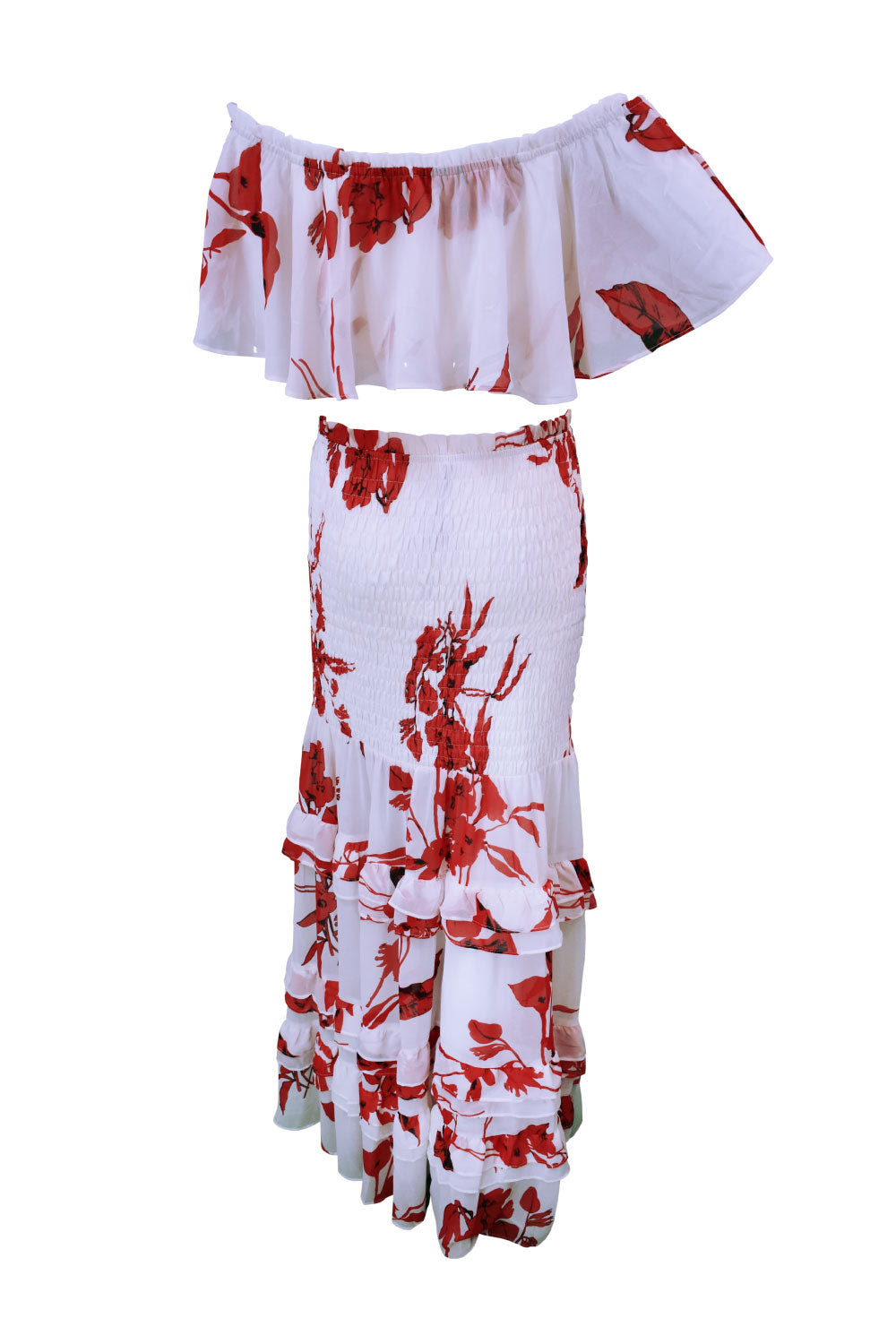 Image of the back of Luxxel's Floral Red Two Piece Skirt Set.