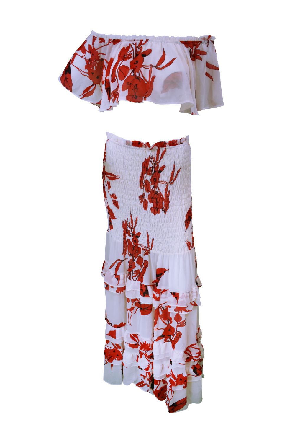 Image of the front of Luxxel's Floral Red Two Piece Skirt Set.