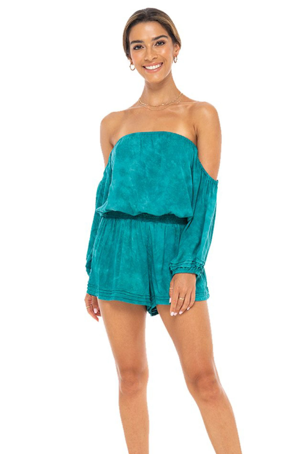 Image of the front of Kush Clothing's Jessie Romper on a model.