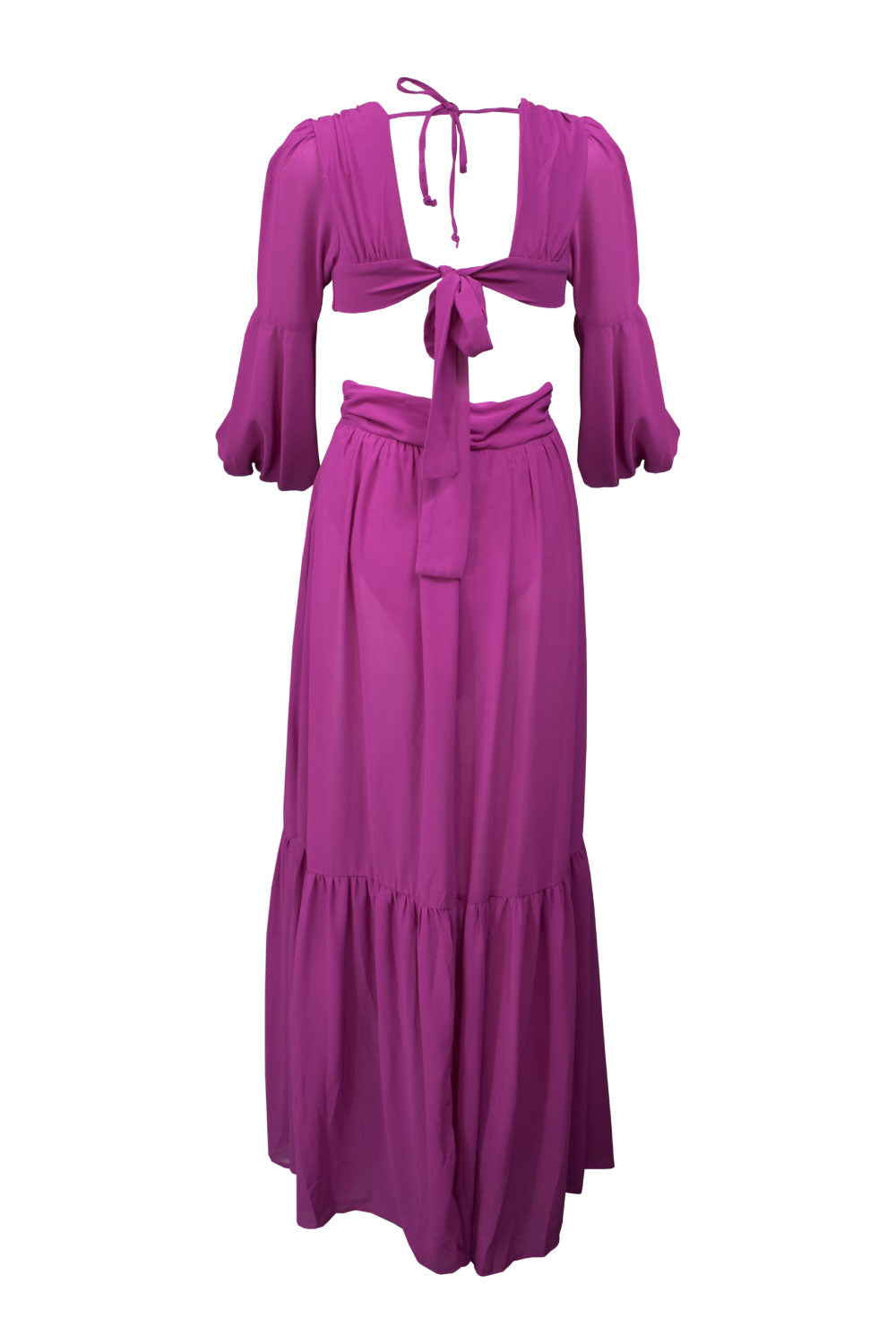 Image of the back of the Alfredo Barraza exclusive Long Sleeve Cutout Dress in Fuschia.