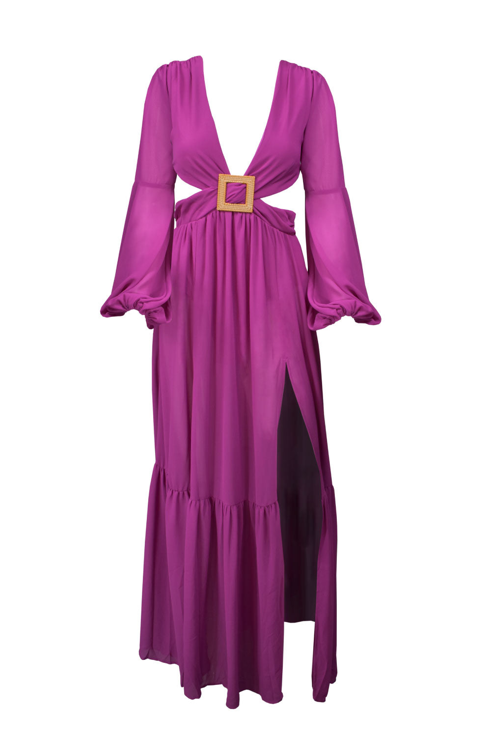 Image of the front of the Alfredo Barraza exclusive Long Sleeve Cutout Dress in Fuschia.