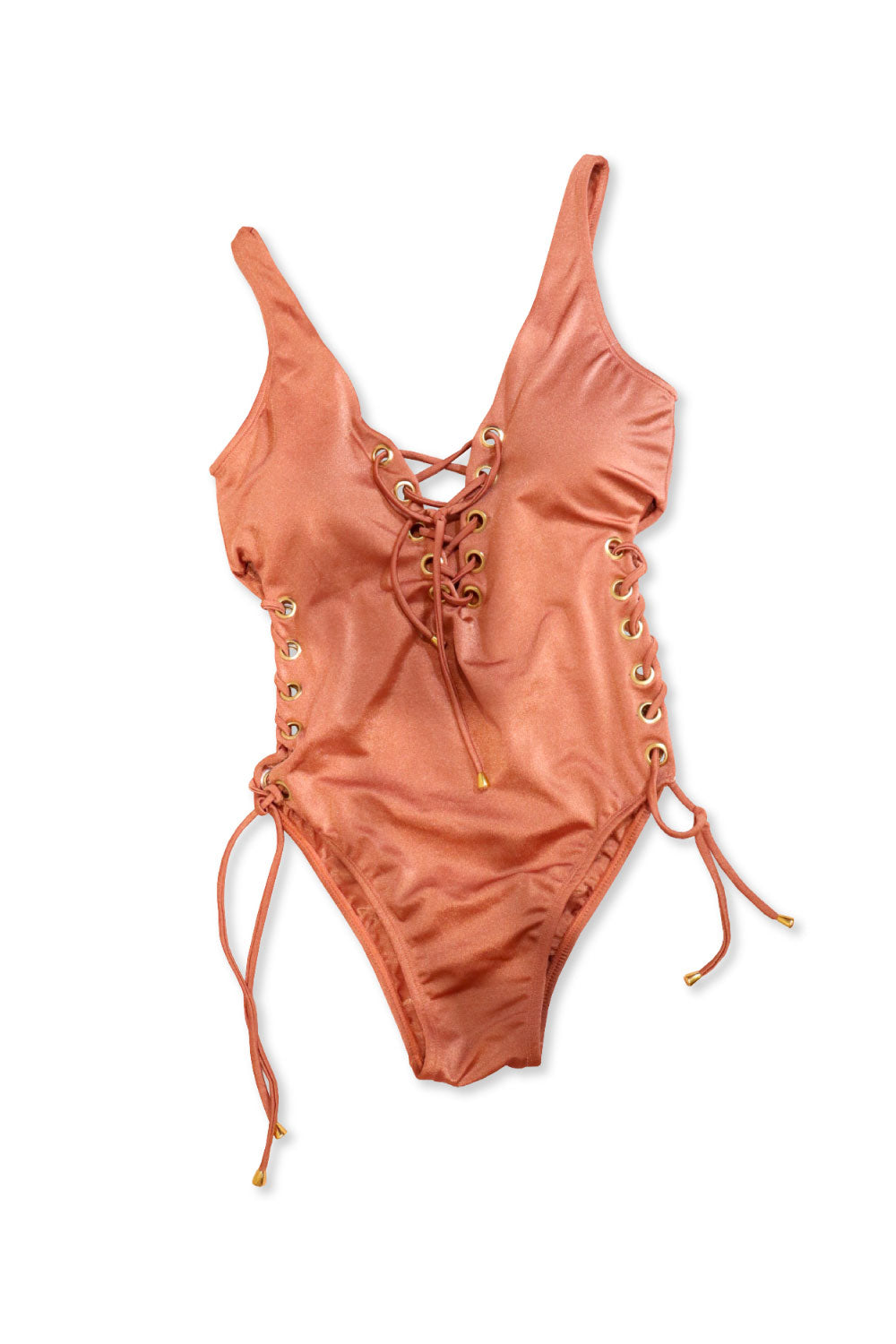 Image of the front of Lateen's Open-Sided One Piece Swimsuit in Rose Gold.