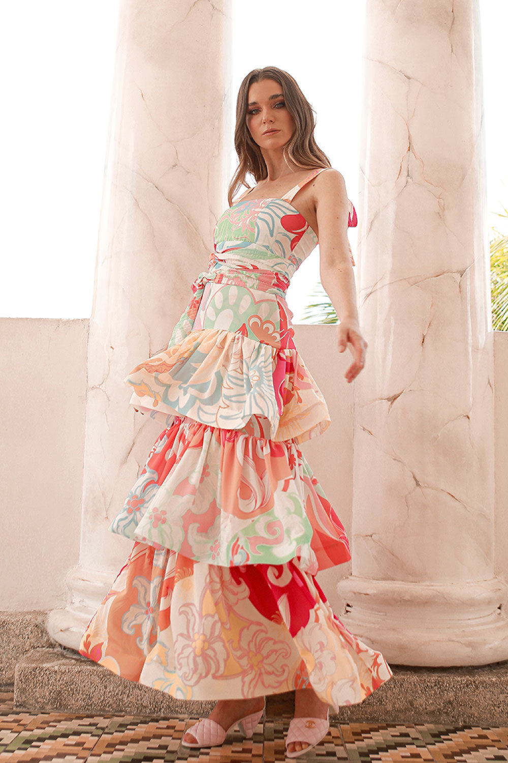 Image of the front of Liliana Meza's Iris Dress on a model.