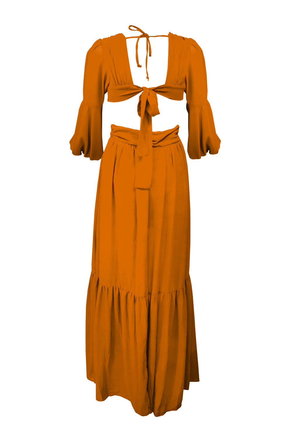 Image of the back of the Alfredo Barraza exclusive Long Sleeve Cutout Dress in Orange.