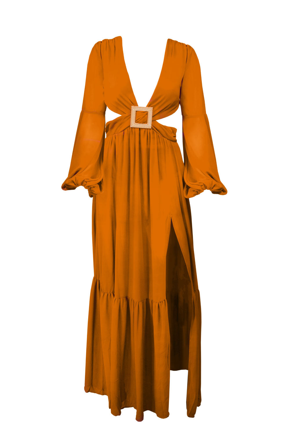 Image of the front of the Alfredo Barraza exclusive Long Sleeve Cutout Dress in Orange.