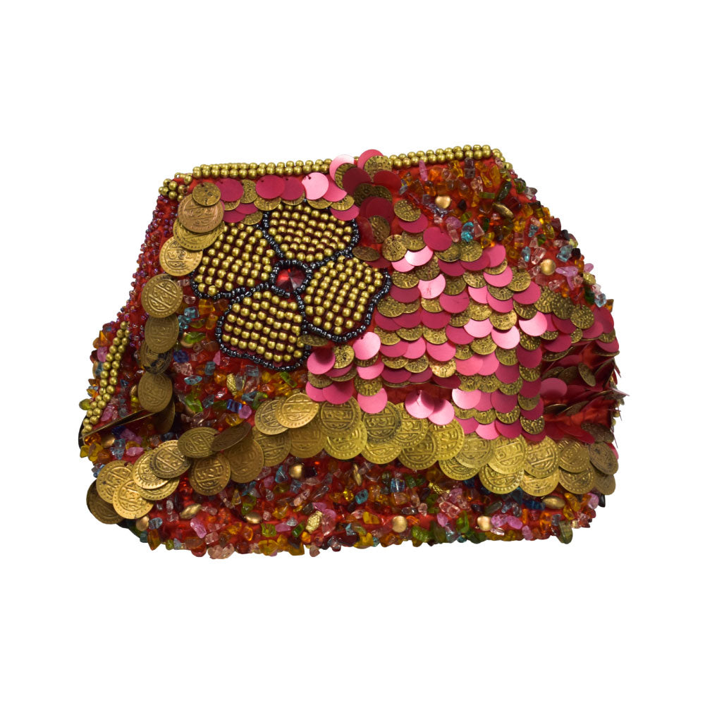 Image of the front of Alfredo Barraza's Clutch with Decorative Coins in Red.