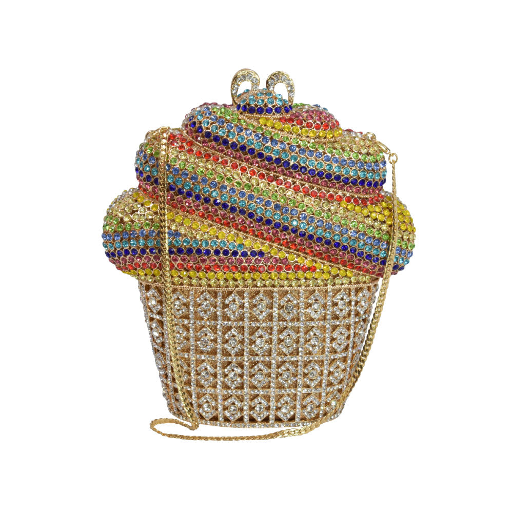 Image of the front of Alfredo Barraza's Rainbow Rhinestone Cupcake Clutch.