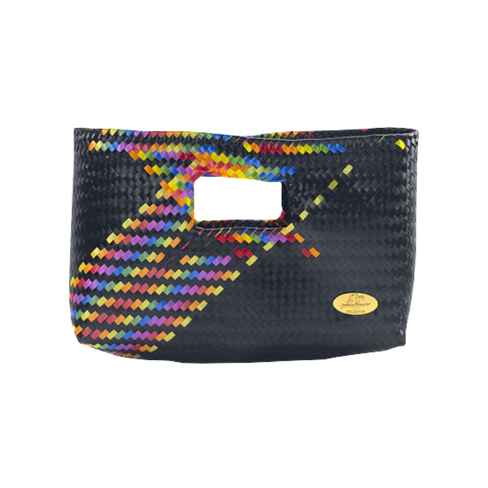 Image of the front of the Alison Woven Clutch in Black Splash of Rainbow.