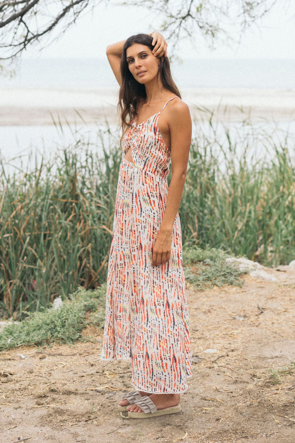 Image of the Filomena Dress, in Multi-Color, on a model.