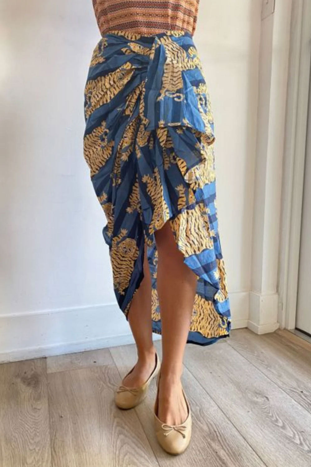 Image of the front of Guadalupe Design's Tiger Pareo Skirt in Blue.