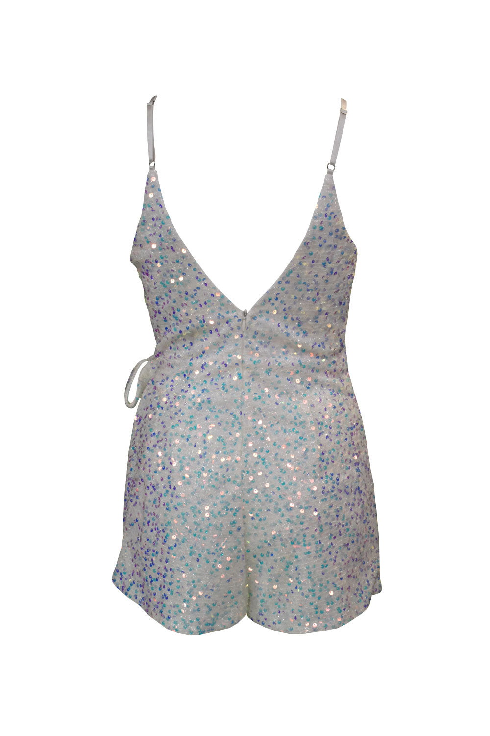 Image of the back of Luxxel's Sequin Wrap Tie-Up Romper in White.