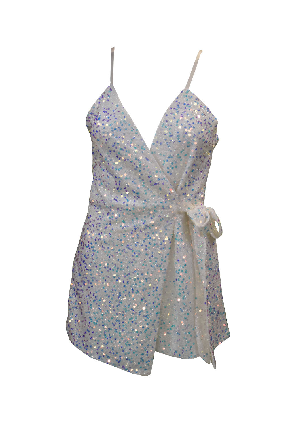 Image of the front of Luxxel's Sequin Wrap Tie-Up Romper in White.