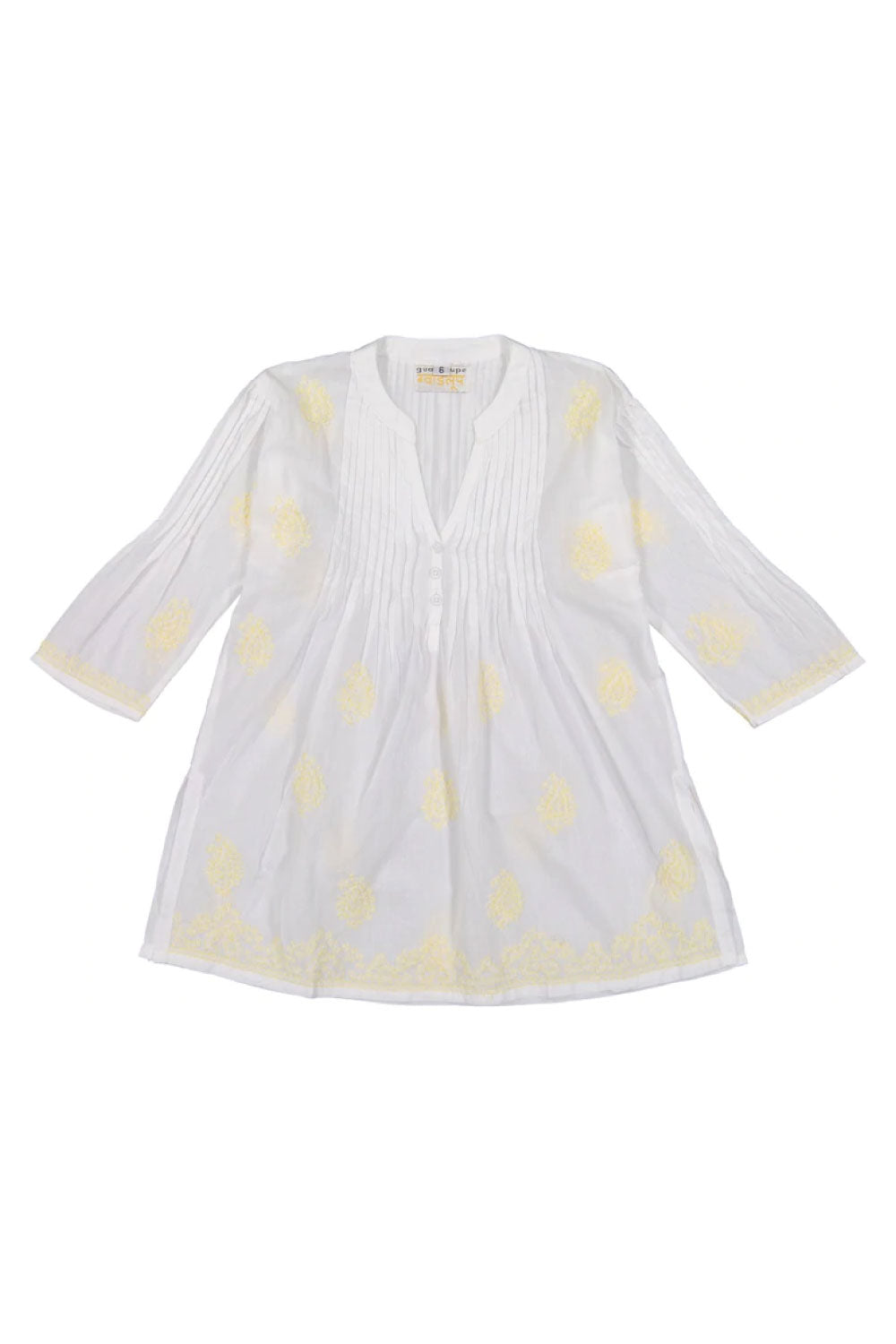 Image of the front of the Margarita Pleated Tunic in Yellow.