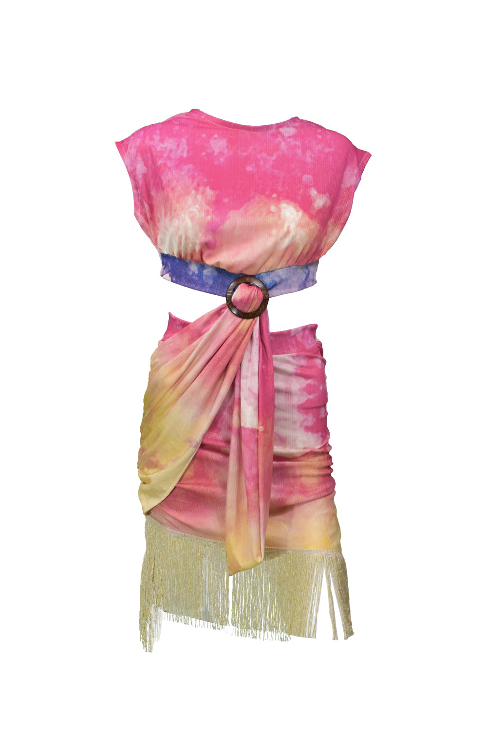 Image of the front of the Atardecer Flecos Dress.