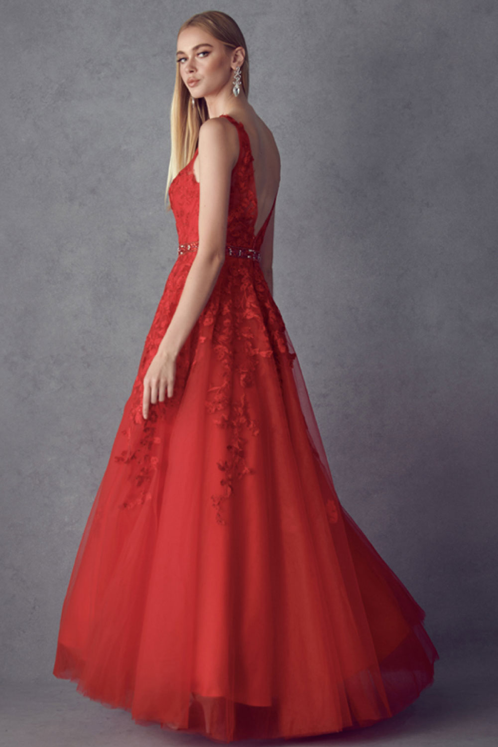 Image of the back of Juliet's Floral Appliqué Tulle Gown, in Red, on a model.