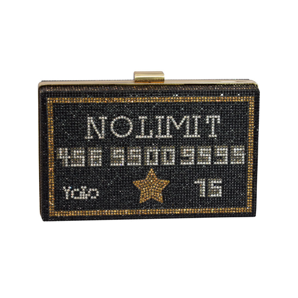 Image of the front of Alfredo Barraza's No Limit Rhinestone Clutch in Black.