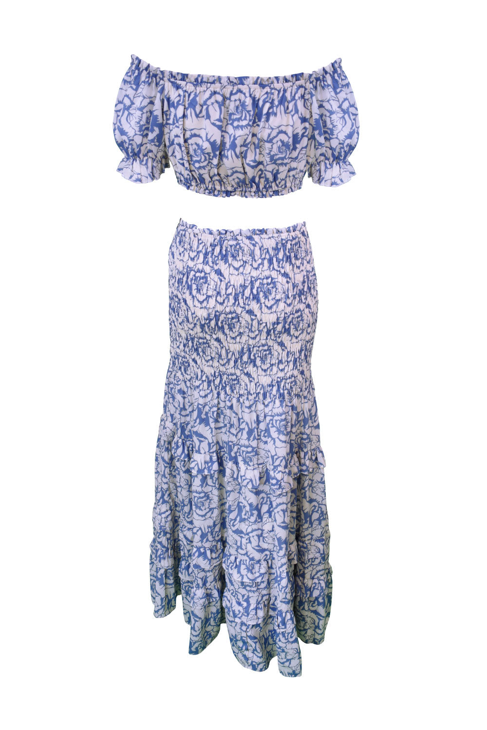 Image of the back of Alfredo Barraza's Blue Roses Two Piece Skirt Set.