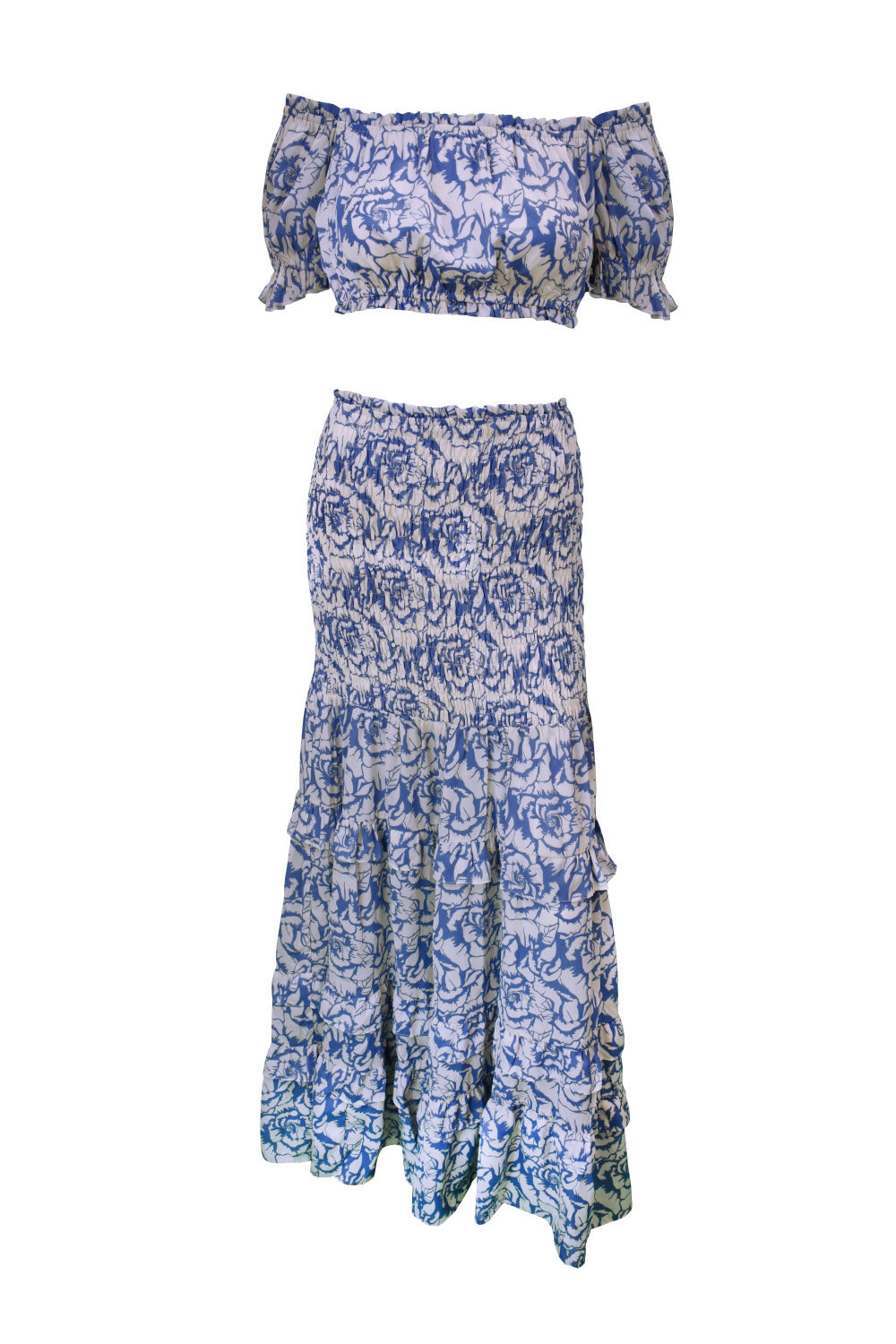 Image of the front of Alfredo Barraza's Blue Roses Two Piece Skirt Set.