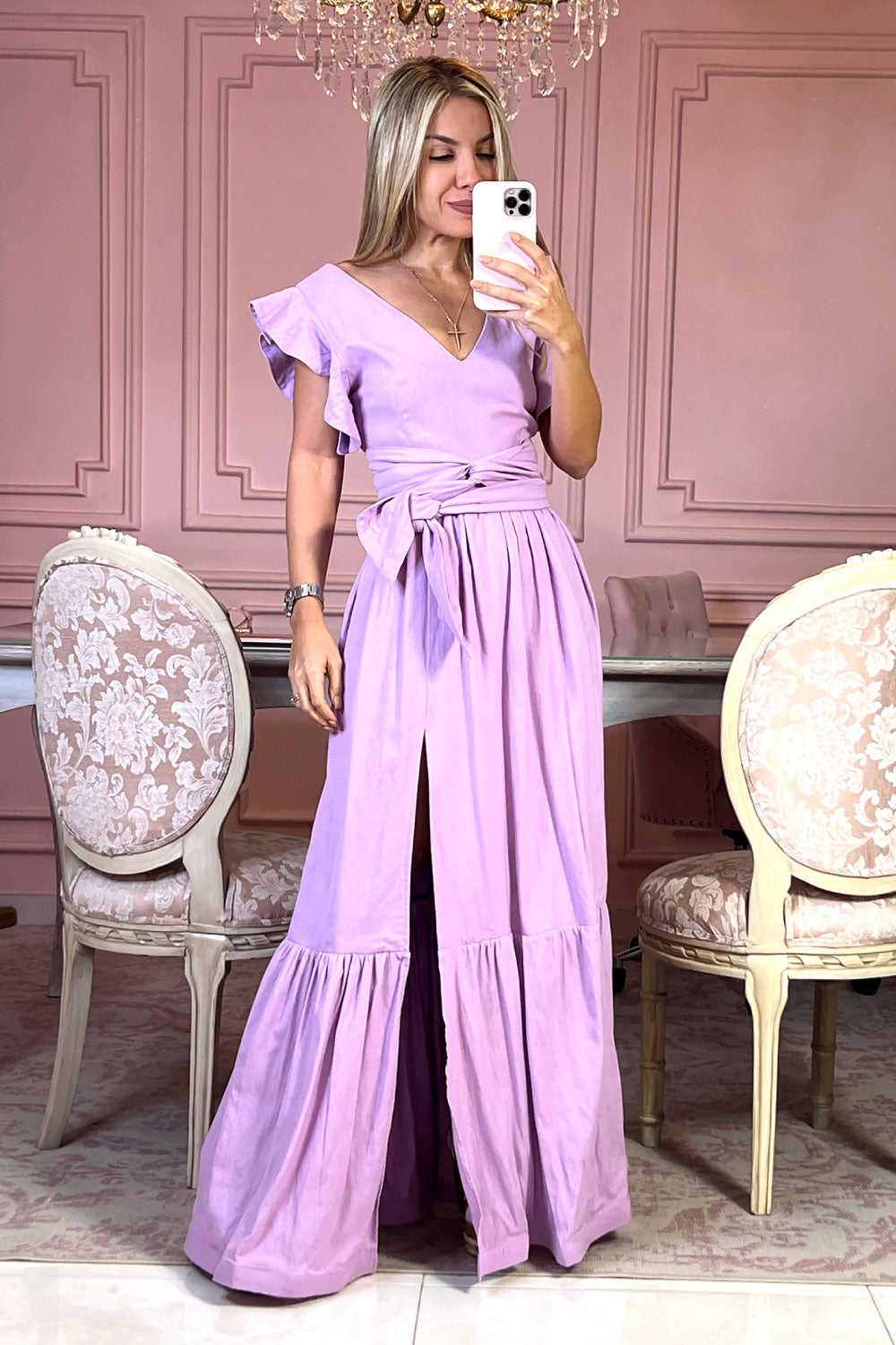 Image of the front of Liliana Meza's Believe Dress in Purple on a model.