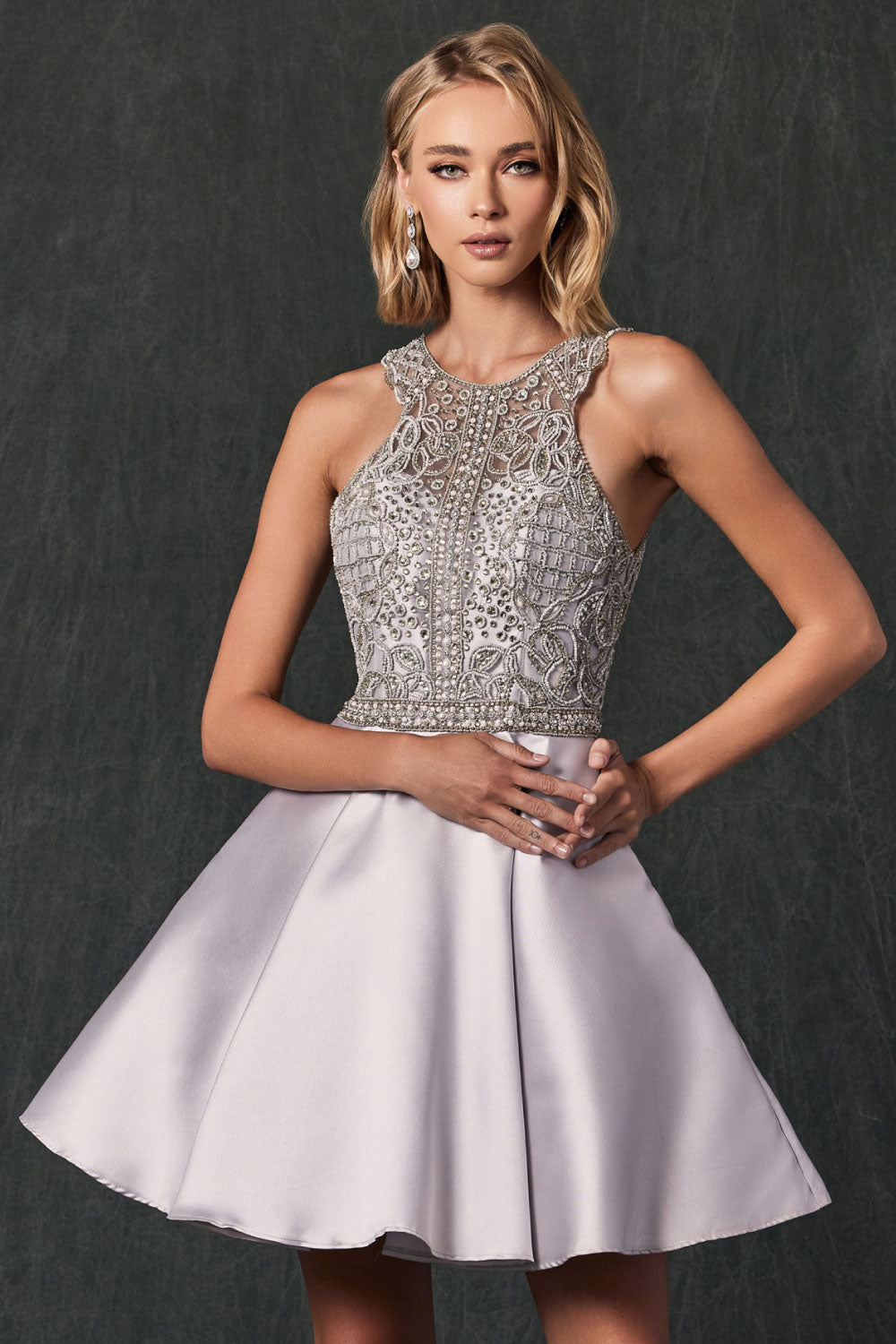 Image of the front of Juliet's Sophisticated High Neckline Prom Dress on a model.