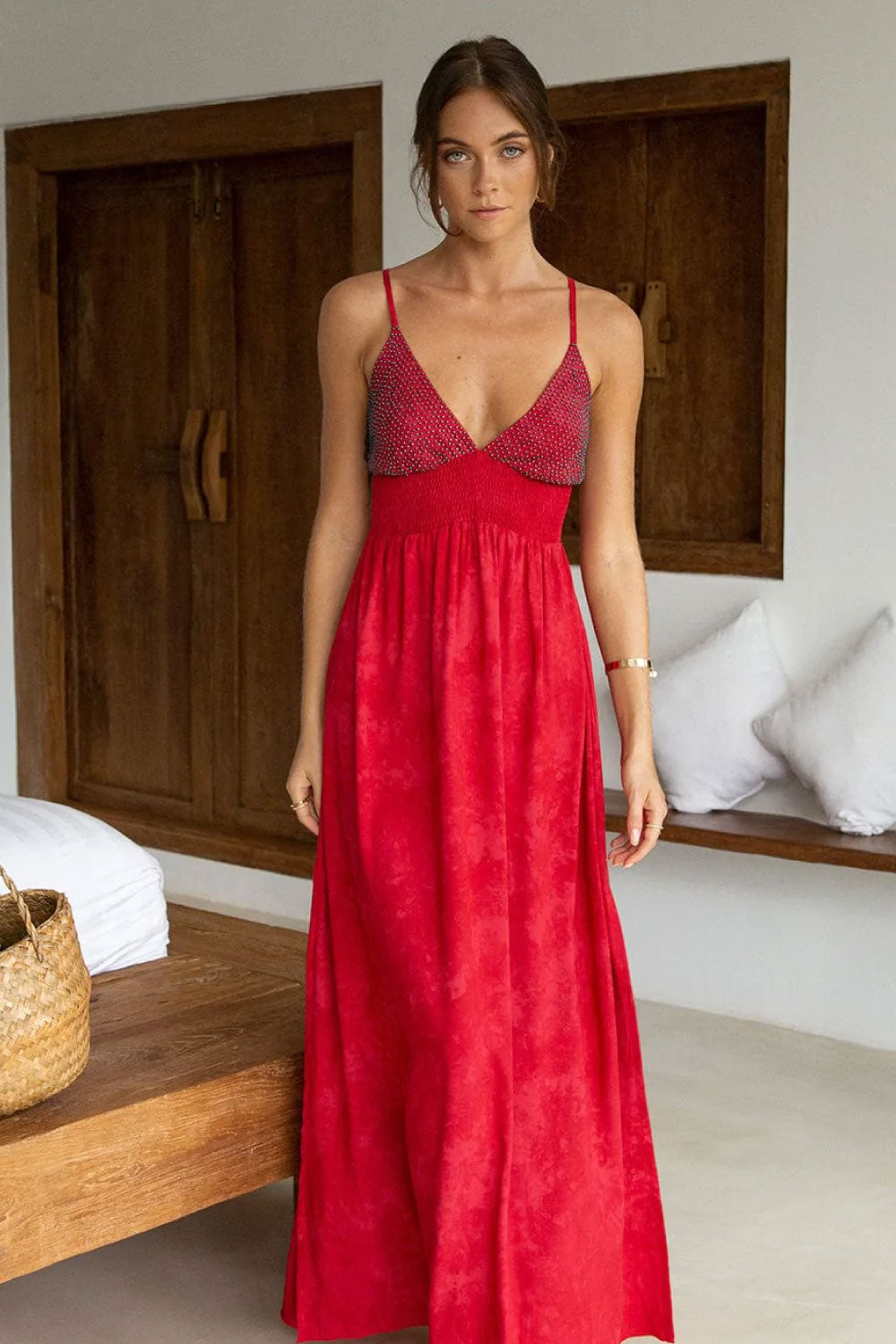 Image of the front of Khush Clothing's Lumiere Maxi Dress, in Murky Red, on a model.