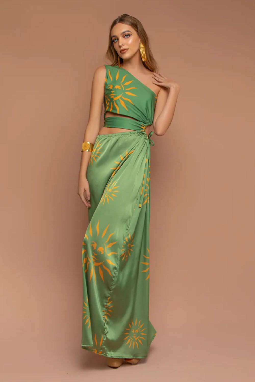 Image of the front of Mar A Mar's Sole Dress in Green on a model.