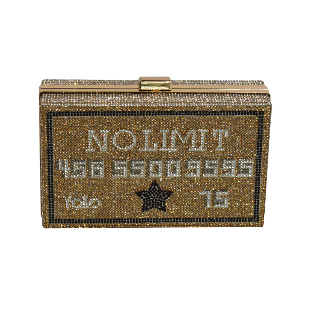 Image of the front of Alfredo Barraza's No Limit Rhinestone Clutch in Gold.