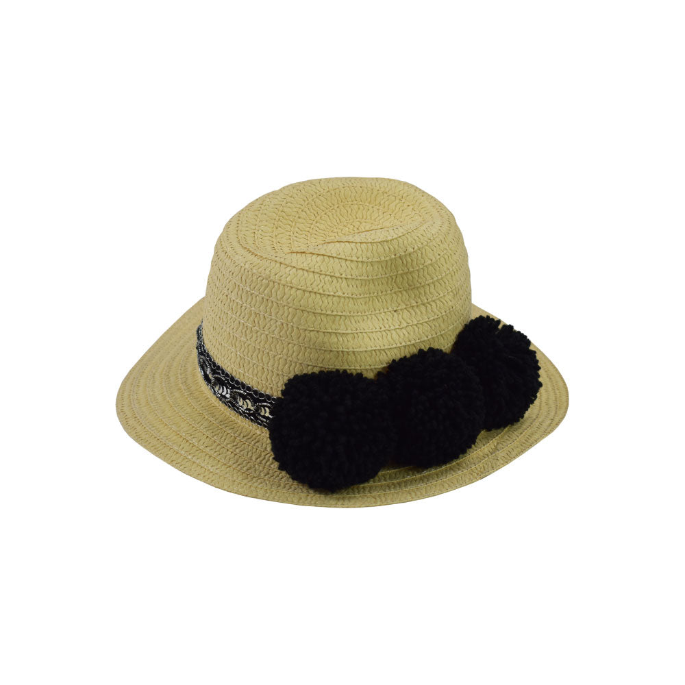 Side view of the Alfredo Barraza Hat with Black Pom-Poms.