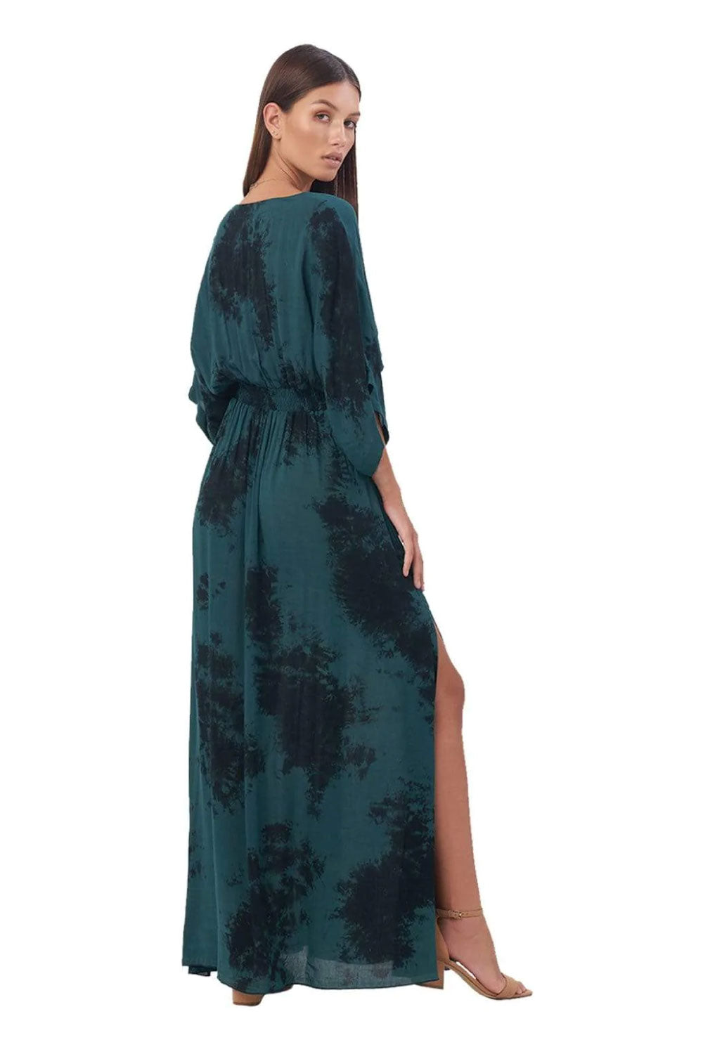 Image of the back of Khush Clothing's Poppy Caftan Maxi Dress in Midnight Green on a model.