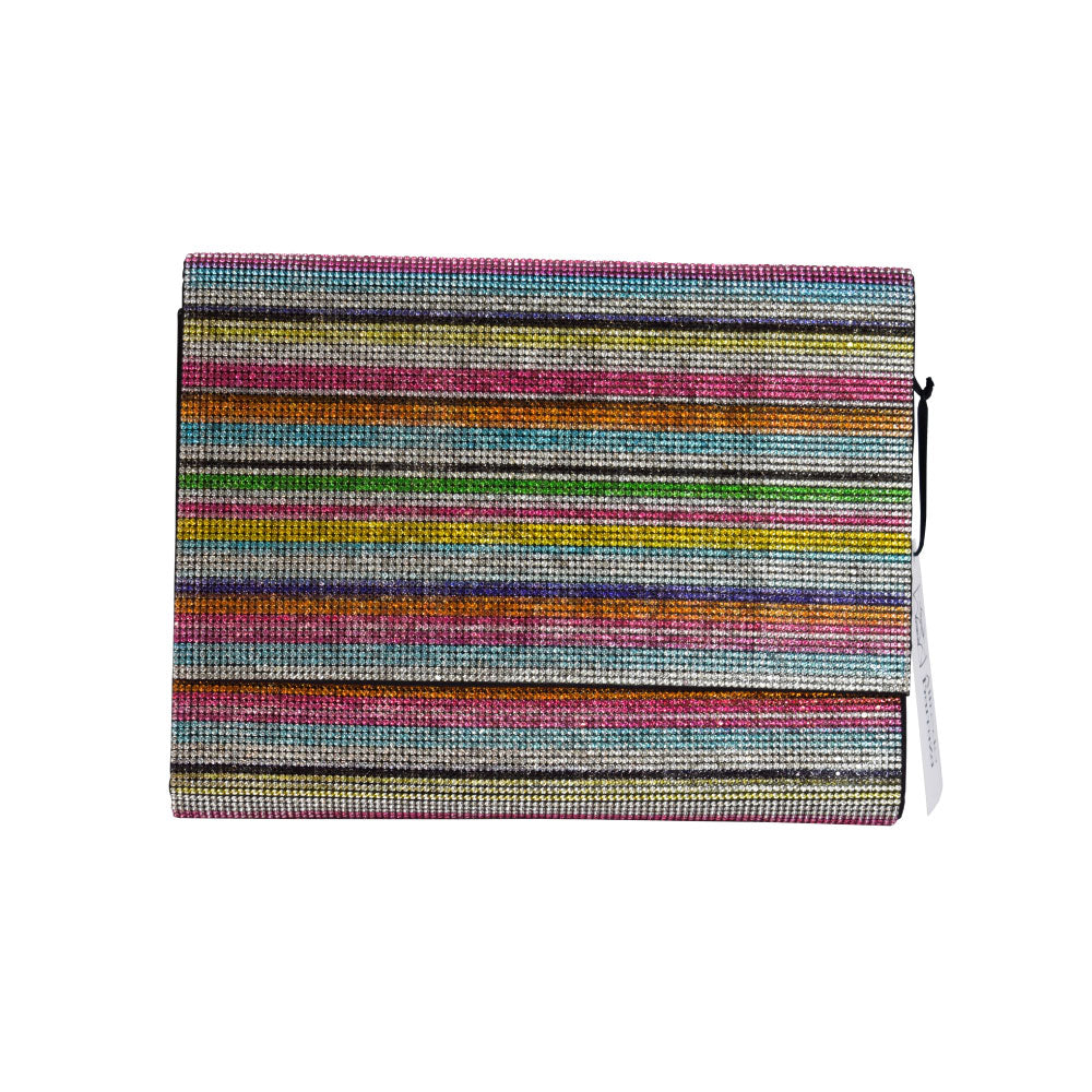 Image of the front of Alfredo Barraza's Large Rainbow Stripe Rhinestone Clutch.