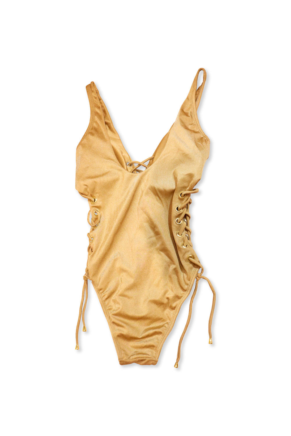 Image of the back of Lateen's Open-Sided One Piece Swimsuit in Gold.