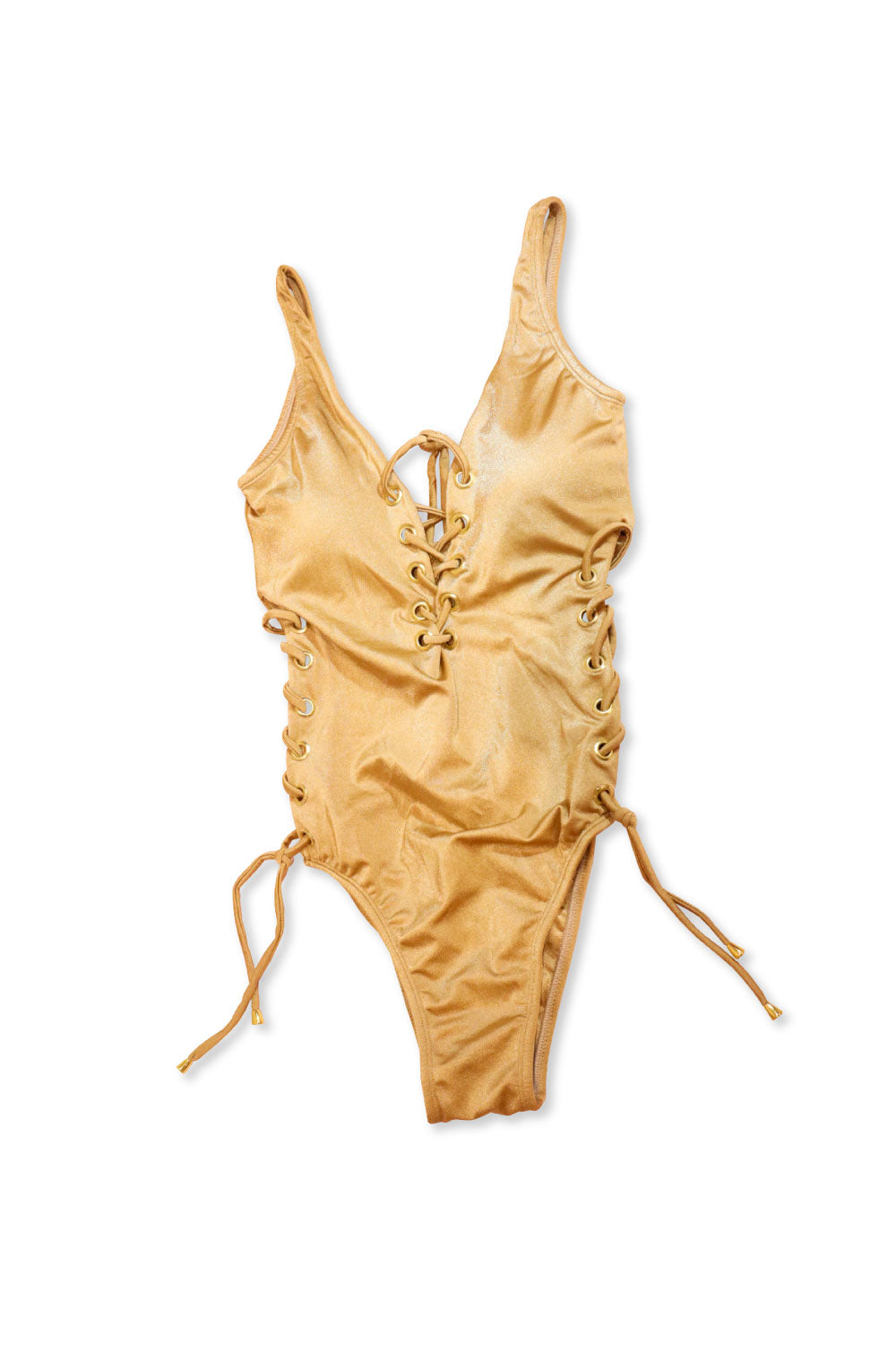Image of the front of Lateen's Open-Sided One Piece Swimsuit in Gold.