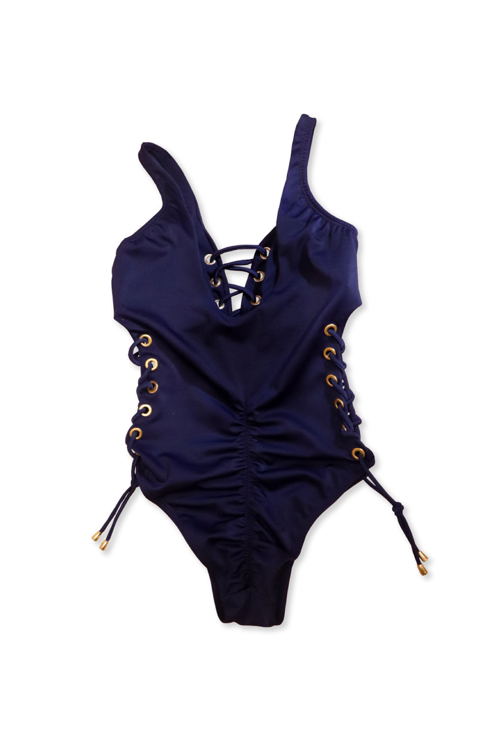 Image of the back of Lateen's Open-Sided One Piece Swimsuit with Scrunched-Style Bottoms in Navy.