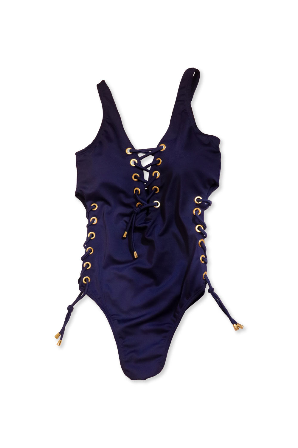 Image of the front of Lateen's Open-Sided One Piece Swimsuit with Scrunched-Style Bottoms in Navy.