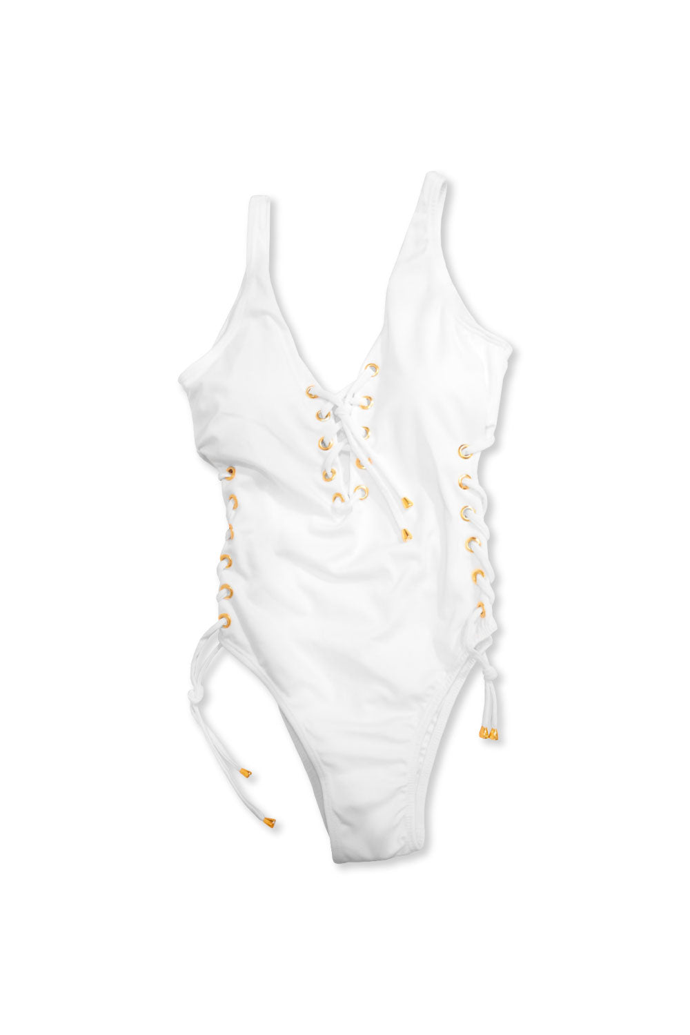 Image of the front of Lateen's Open-Sided One Piece Swimsuit in White.