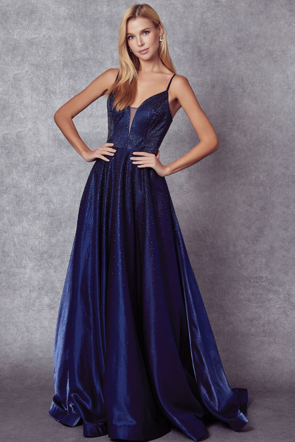 Image of the front of Juliet's Long Sparkly Gown in Blue on a model.