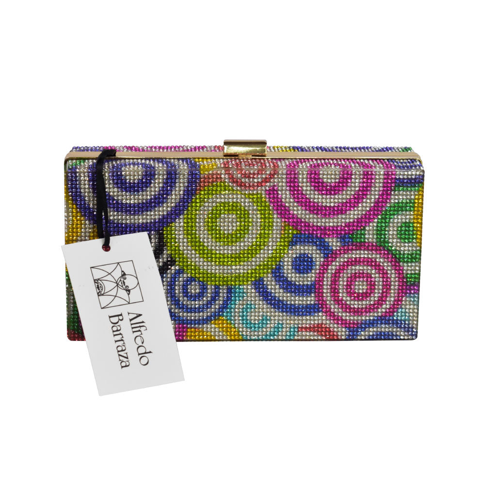 Image of the front of Alfredo Barraza's Rainbow Swirl Rhinestone Clutch.