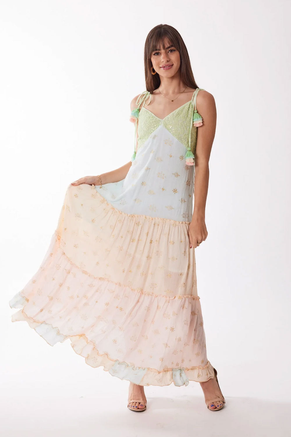 Image of the front of Ranee's Ombre Tier Dress on a model.