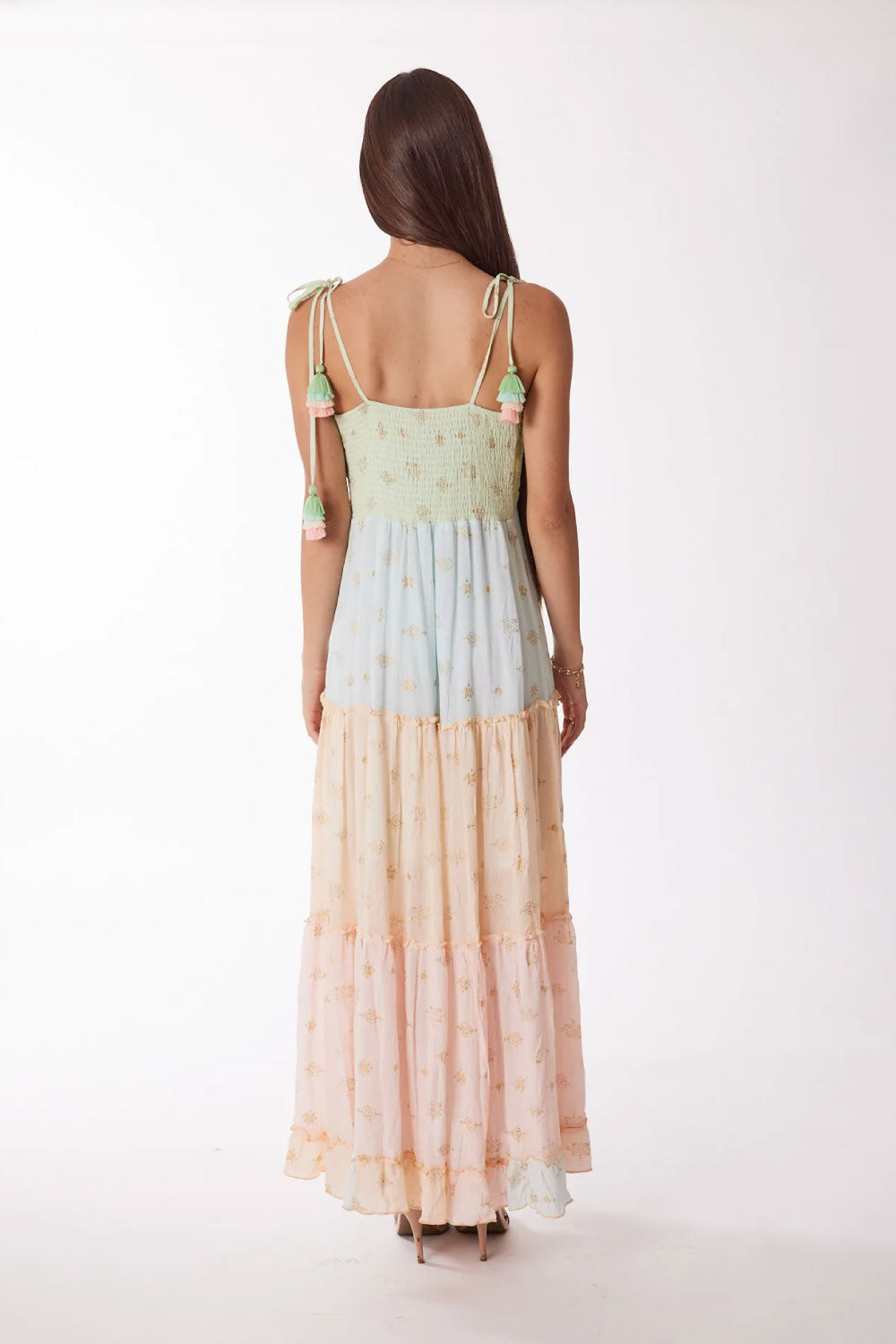 Image of the back of Ranee's Ombre Tier Dress on a model.