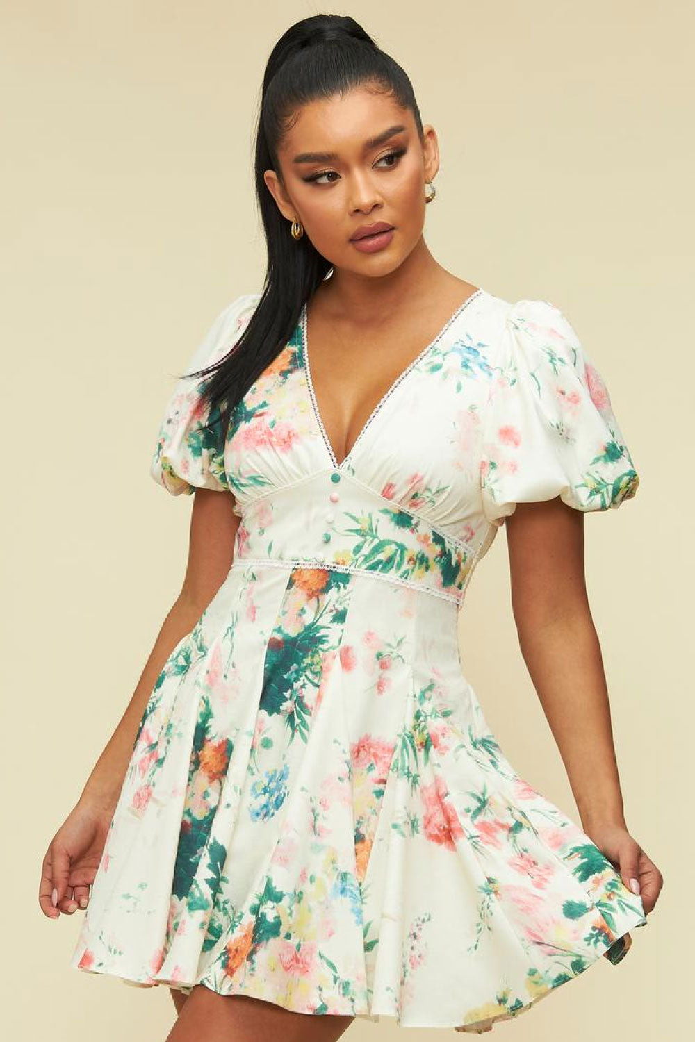 Image of the front of the Spring Dream Dress on a model.
