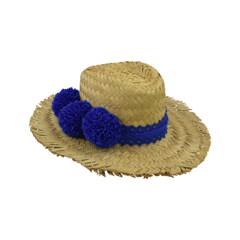 Side view of the Alfredo Barraza Straw Hat with Blue Pom-Poms.