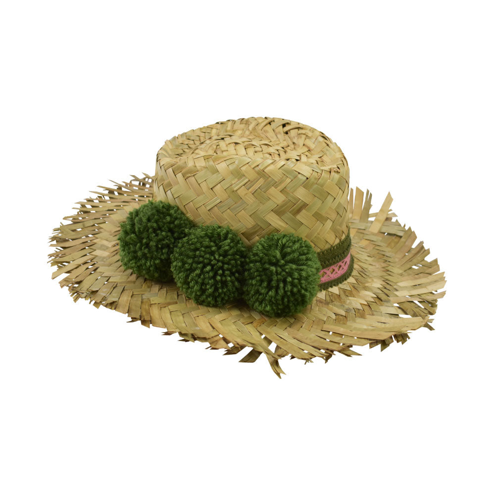 Side view of the Alfredo Barraza Straw Hat with Green Pom-Poms.