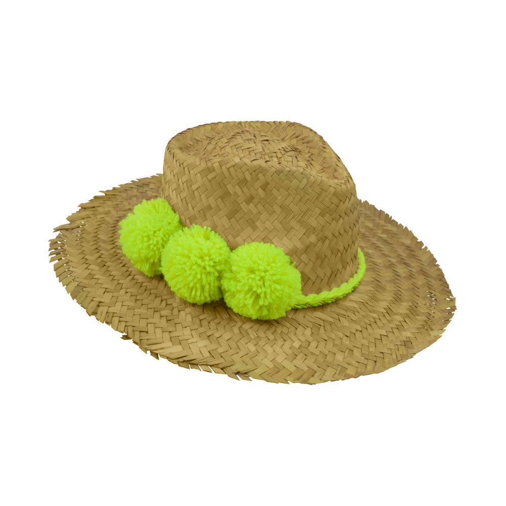 Side view of the Alfredo Barraza Straw Hat with Neon Yellow Pom-Poms.