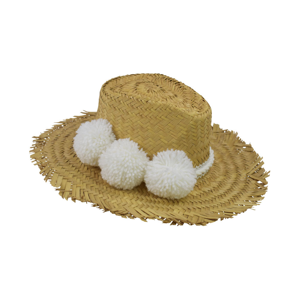 Side view of the Alfredo Barraza Straw Hat with White Pom-Poms.